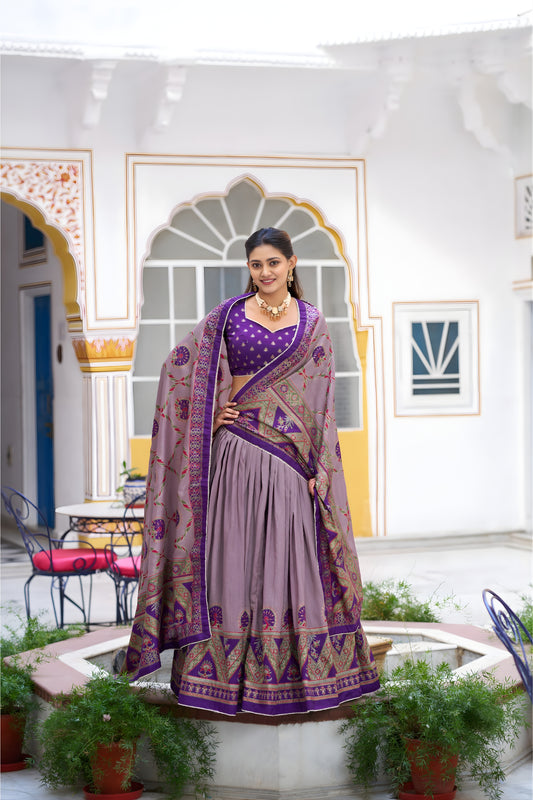 Impressive Lavender Tasar Silk Printed Lehenga Choli with Purple Blouse and Dupatta for Women