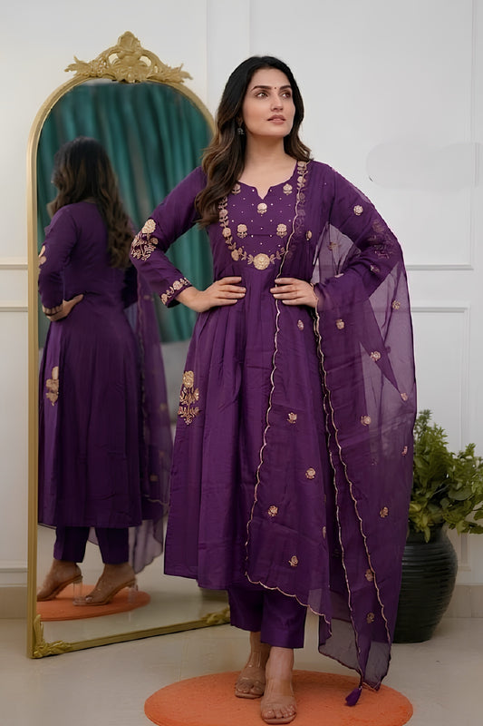 Elegant Purple Chanderi Silk Embroidered Readymade Salwar Suit with Dupatta for Women