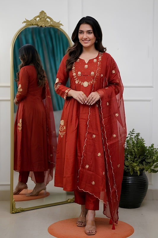 Gorgeous Red Chanderi Silk Embroidered Readymade Salwar Suit with Dupatta for Women