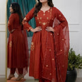 Gorgeous Red Chanderi Silk Embroidered Readymade Salwar Suit with Dupatta for Women