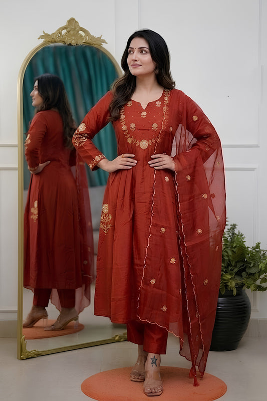 Gorgeous Red Chanderi Silk Embroidered Readymade Salwar Suit with Dupatta for Women