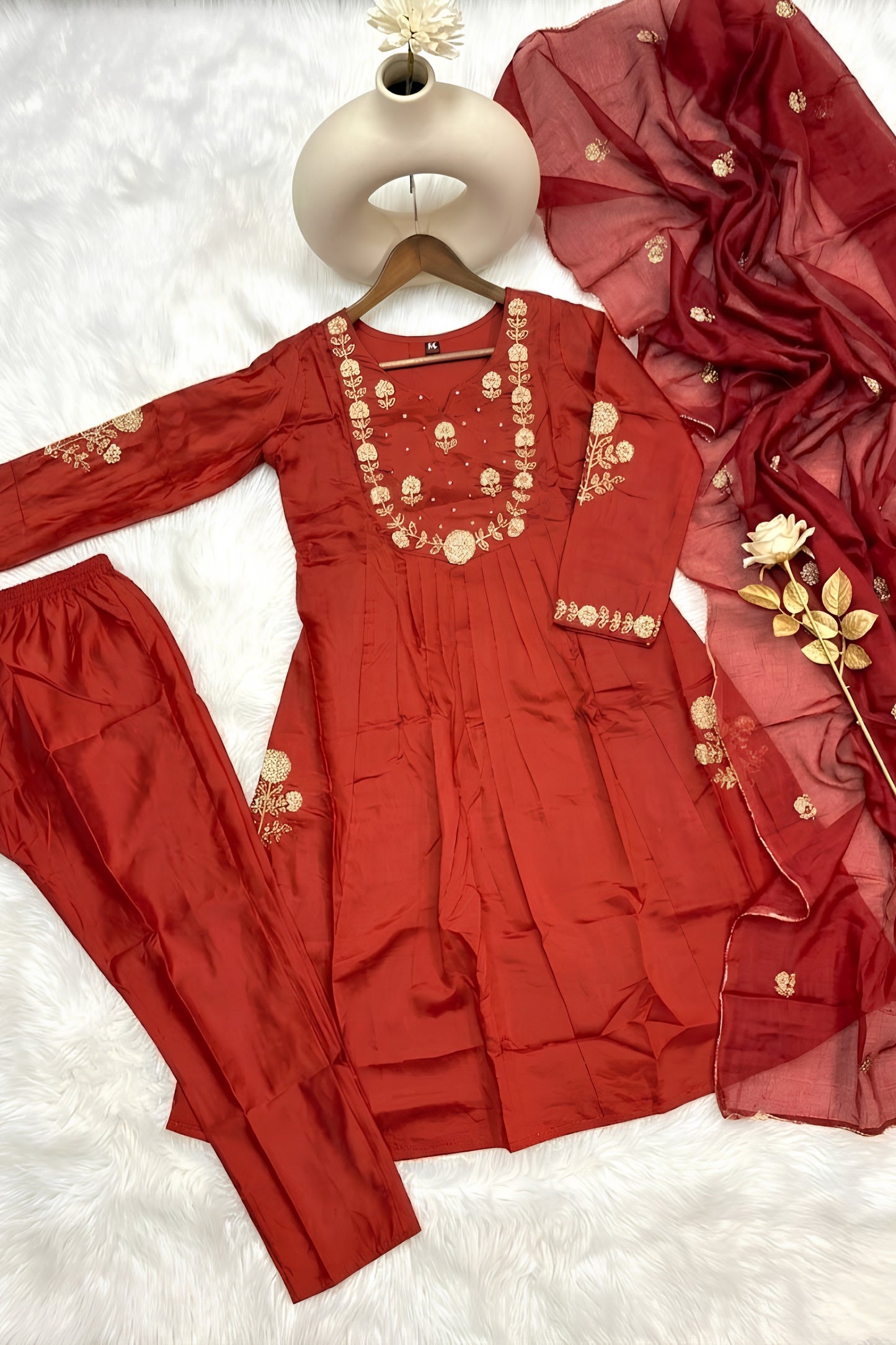 Gorgeous Red Chanderi Silk Embroidered Readymade Salwar Suit with Dupatta for Women