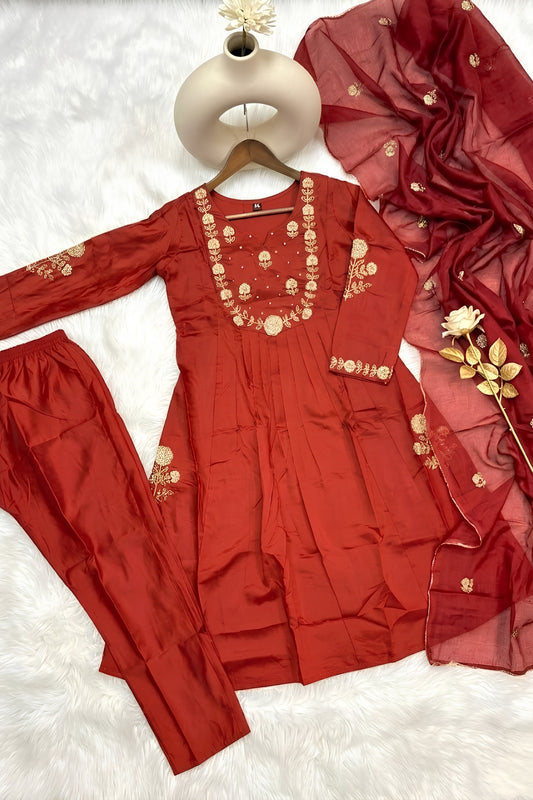 Gorgeous Red Chanderi Silk Embroidered Readymade Salwar Suit with Dupatta for Women