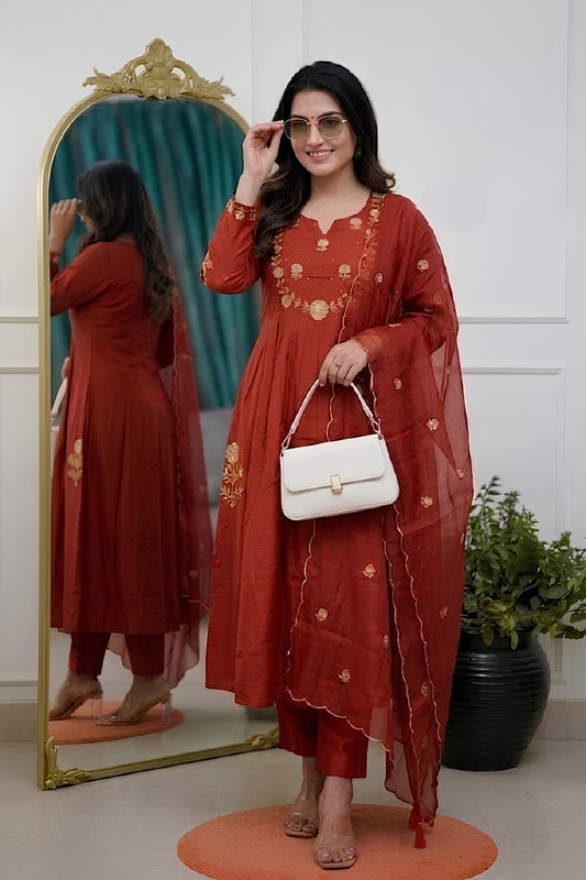 Gorgeous Red Chanderi Silk Embroidered Readymade Salwar Suit with Dupatta for Women