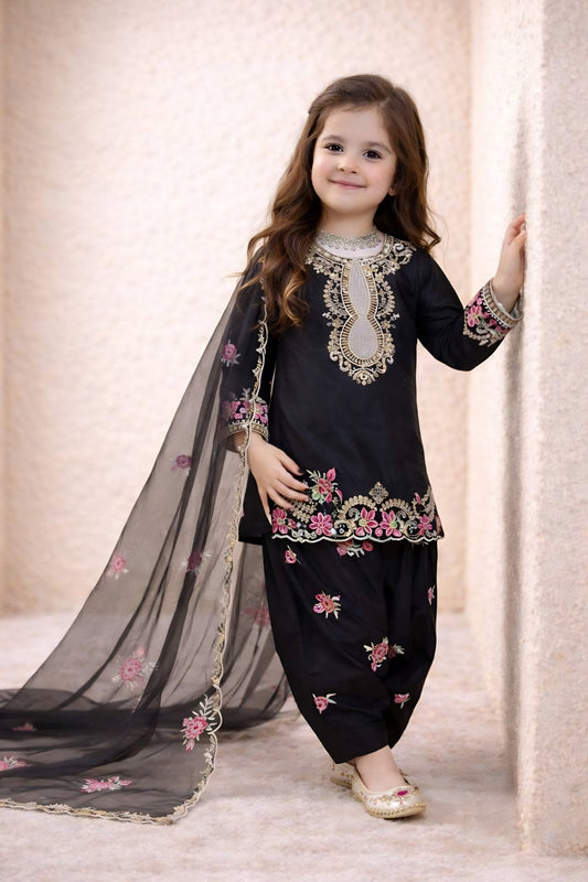 Elegant Black Crepe Embroidered Readymade Salwar Suit with Dupatta for Girls