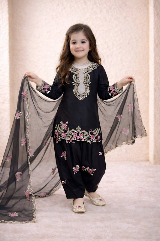 Elegant Black Crepe Embroidered Readymade Salwar Suit with Dupatta for Girls