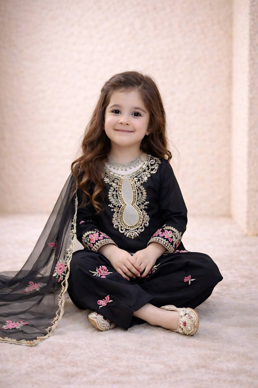 Elegant Black Crepe Embroidered Readymade Salwar Suit with Dupatta for Girls