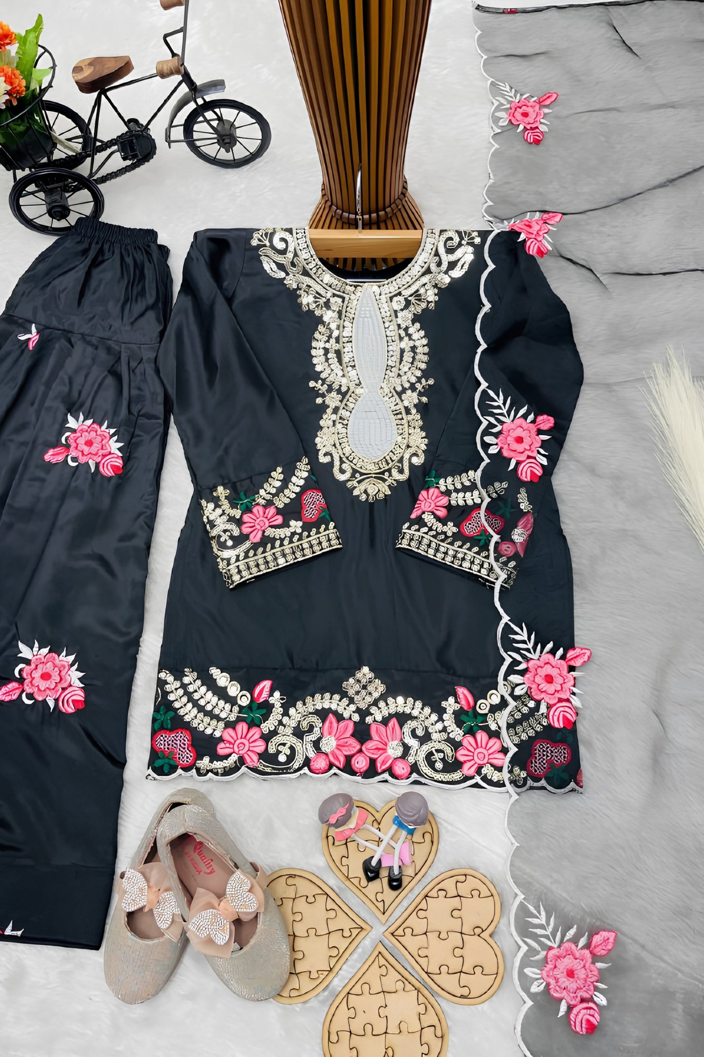 Elegant Black Crepe Embroidered Readymade Salwar Suit with Dupatta for Girls