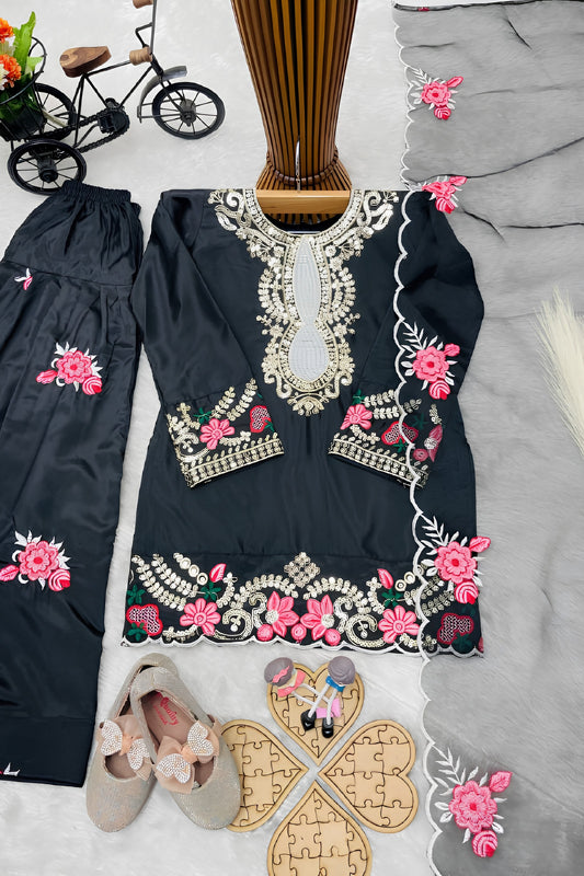 Elegant Black Crepe Embroidered Readymade Salwar Suit with Dupatta for Girls