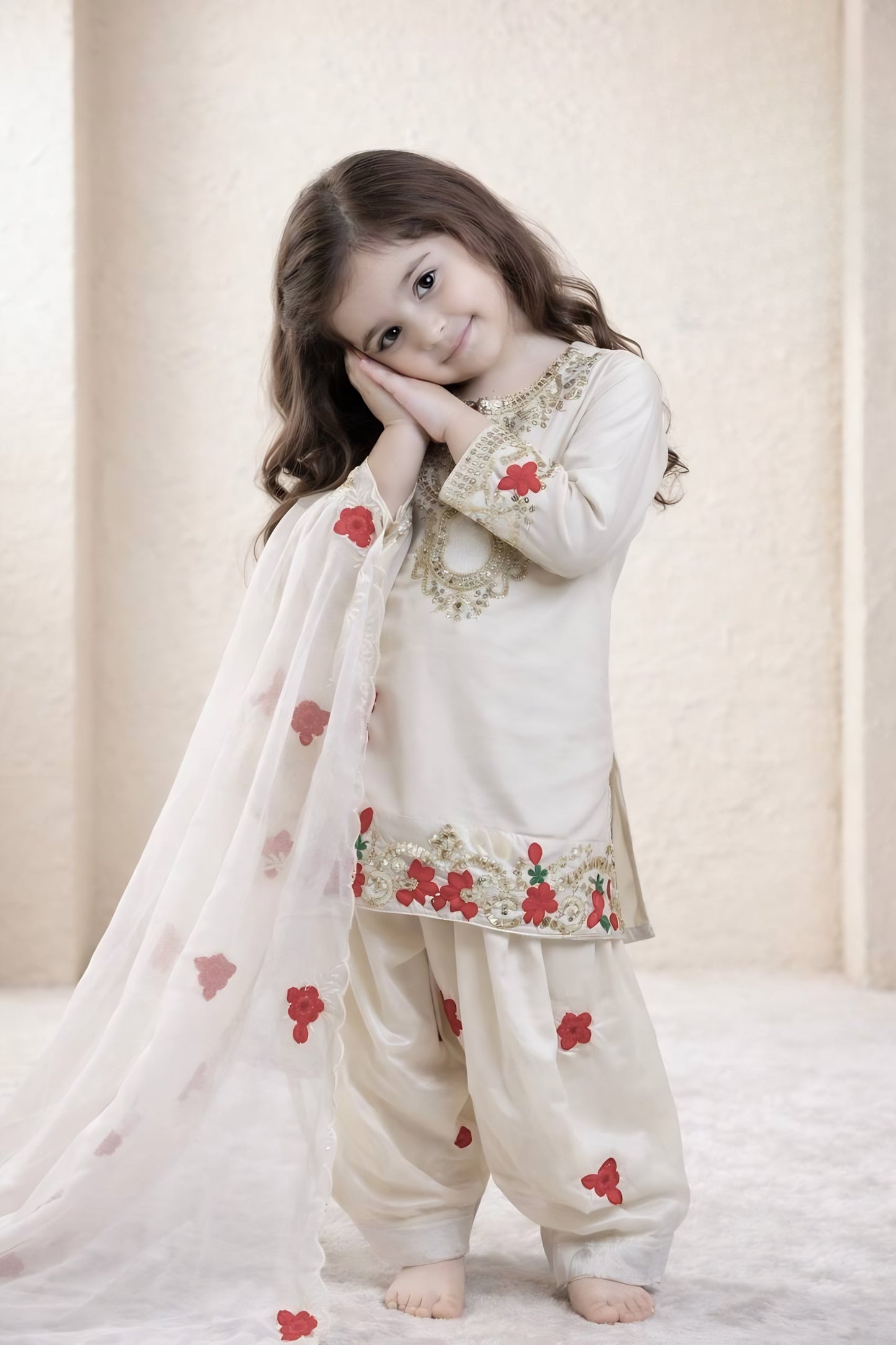 Cute Off White Crepe Embroidered Readymade Salwar Suit with Dupatta for Girls
