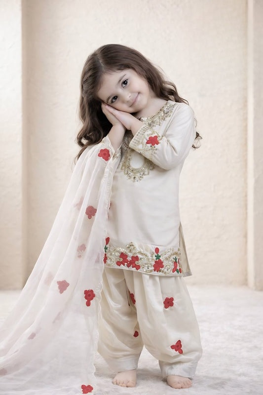 Cute Off White Crepe Embroidered Readymade Salwar Suit with Dupatta for Girls