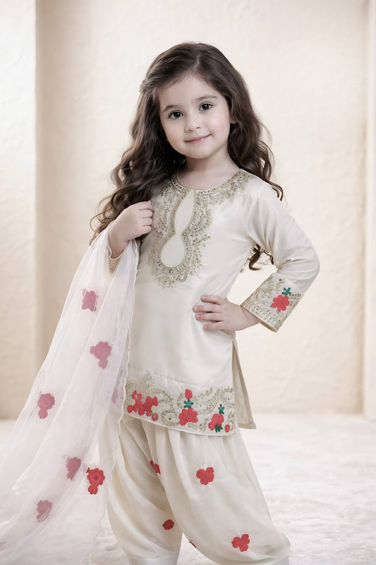 Cute Off White Crepe Embroidered Readymade Salwar Suit with Dupatta for Girls