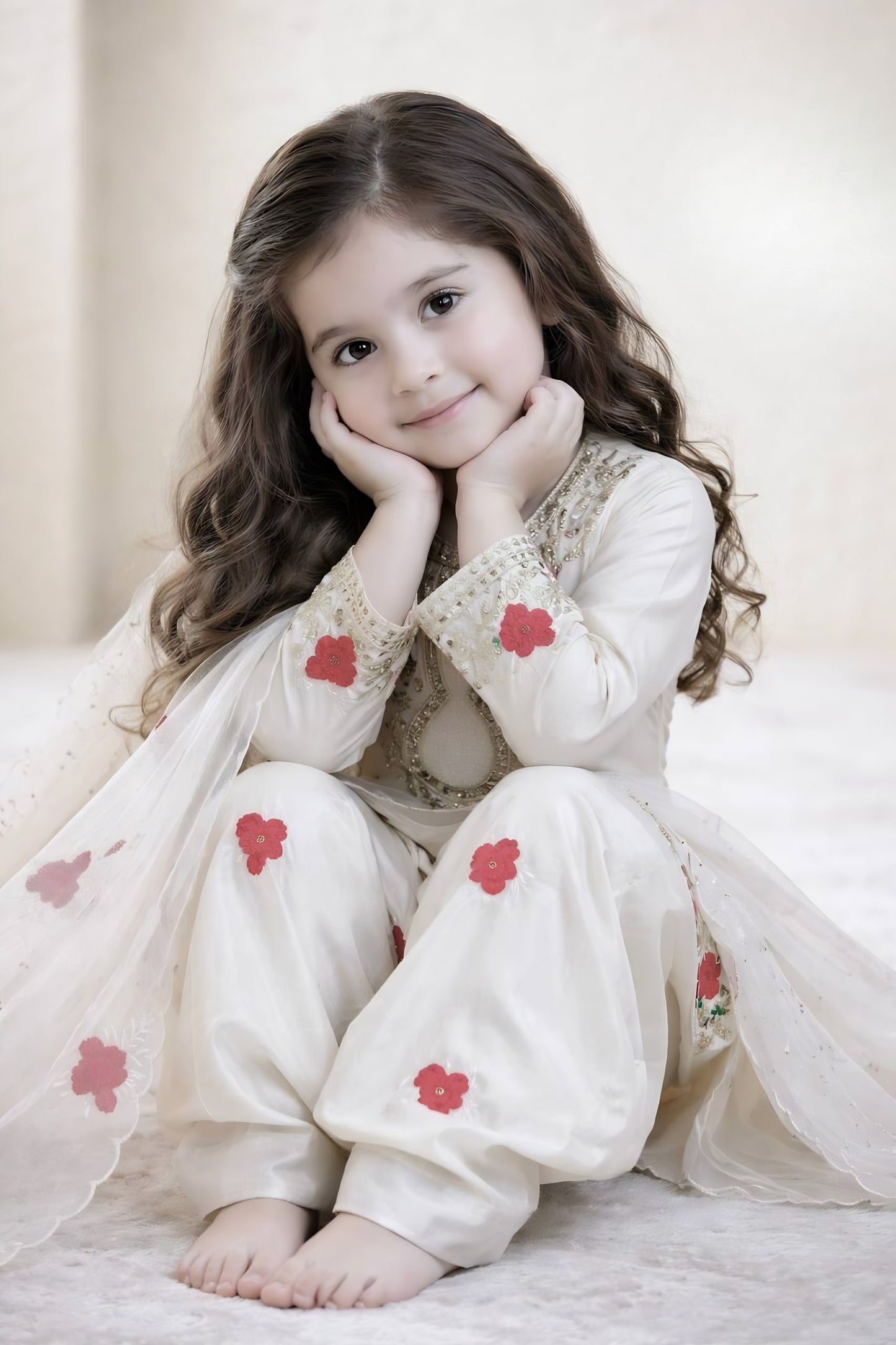 Cute Off White Crepe Embroidered Readymade Salwar Suit with Dupatta for Girls