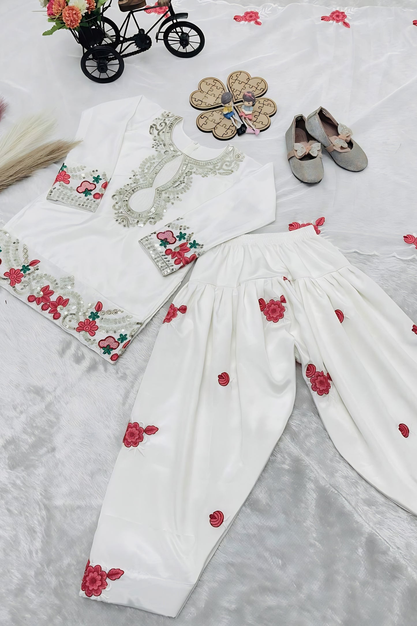 Cute Off White Crepe Embroidered Readymade Salwar Suit with Dupatta for Girls
