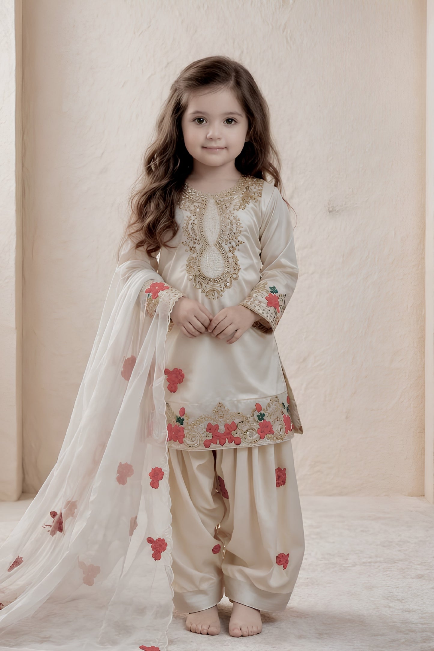 Cute Off White Crepe Embroidered Readymade Salwar Suit with Dupatta for Girls
