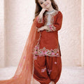 Vibrant Orange Crepe Embroidered Readymade Salwar Suit with Dupatta for Girls