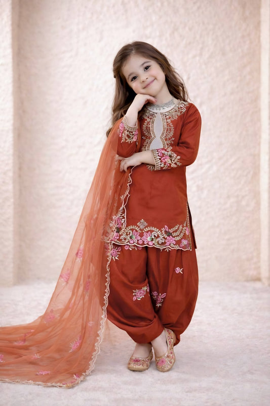 Vibrant Orange Crepe Embroidered Readymade Salwar Suit with Dupatta for Girls