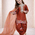 Vibrant Orange Crepe Embroidered Readymade Salwar Suit with Dupatta for Girls
