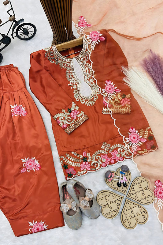 Vibrant Orange Crepe Embroidered Readymade Salwar Suit with Dupatta for Girls