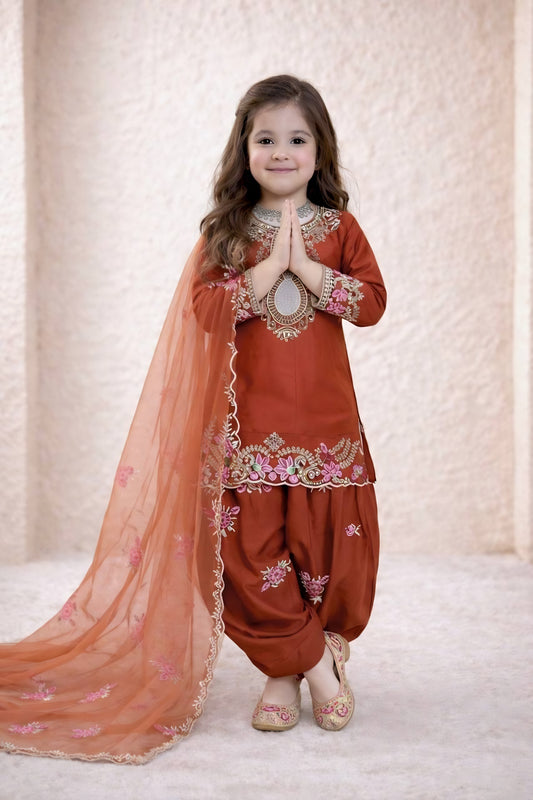 Vibrant Orange Crepe Embroidered Readymade Salwar Suit with Dupatta for Girls