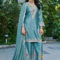 Elegant Sky Blue Readymade Embroidered Chinon Palazzo Suit with Dupatta for Women