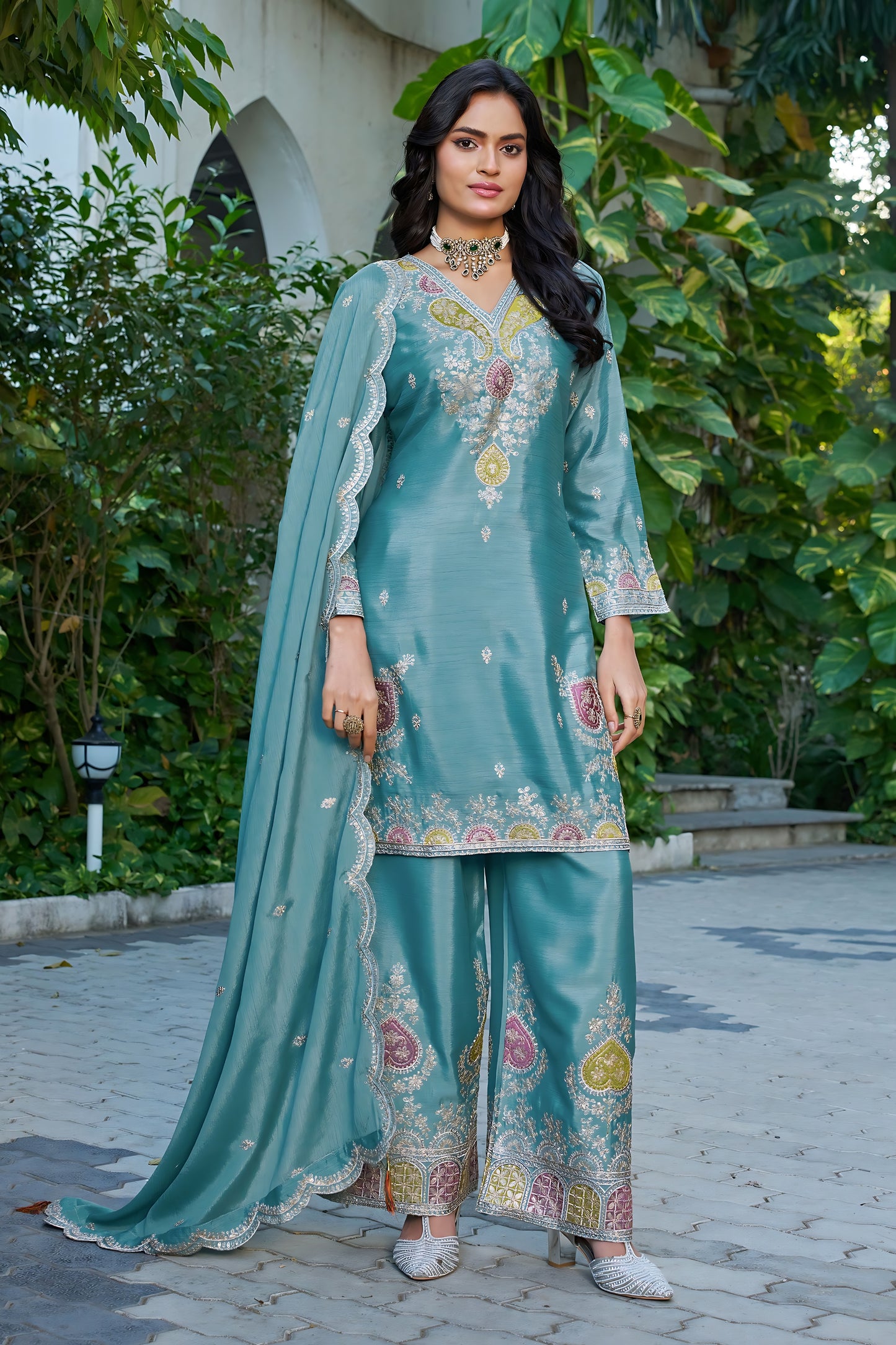 Elegant Sky Blue Readymade Embroidered Chinon Palazzo Suit with Dupatta for Women