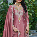 Beautiful Peach Readymade Chinon Palazzo Suit with Embroidery and Dupatta for Women