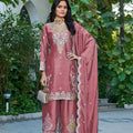 Beautiful Peach Readymade Chinon Palazzo Suit with Embroidery and Dupatta for Women