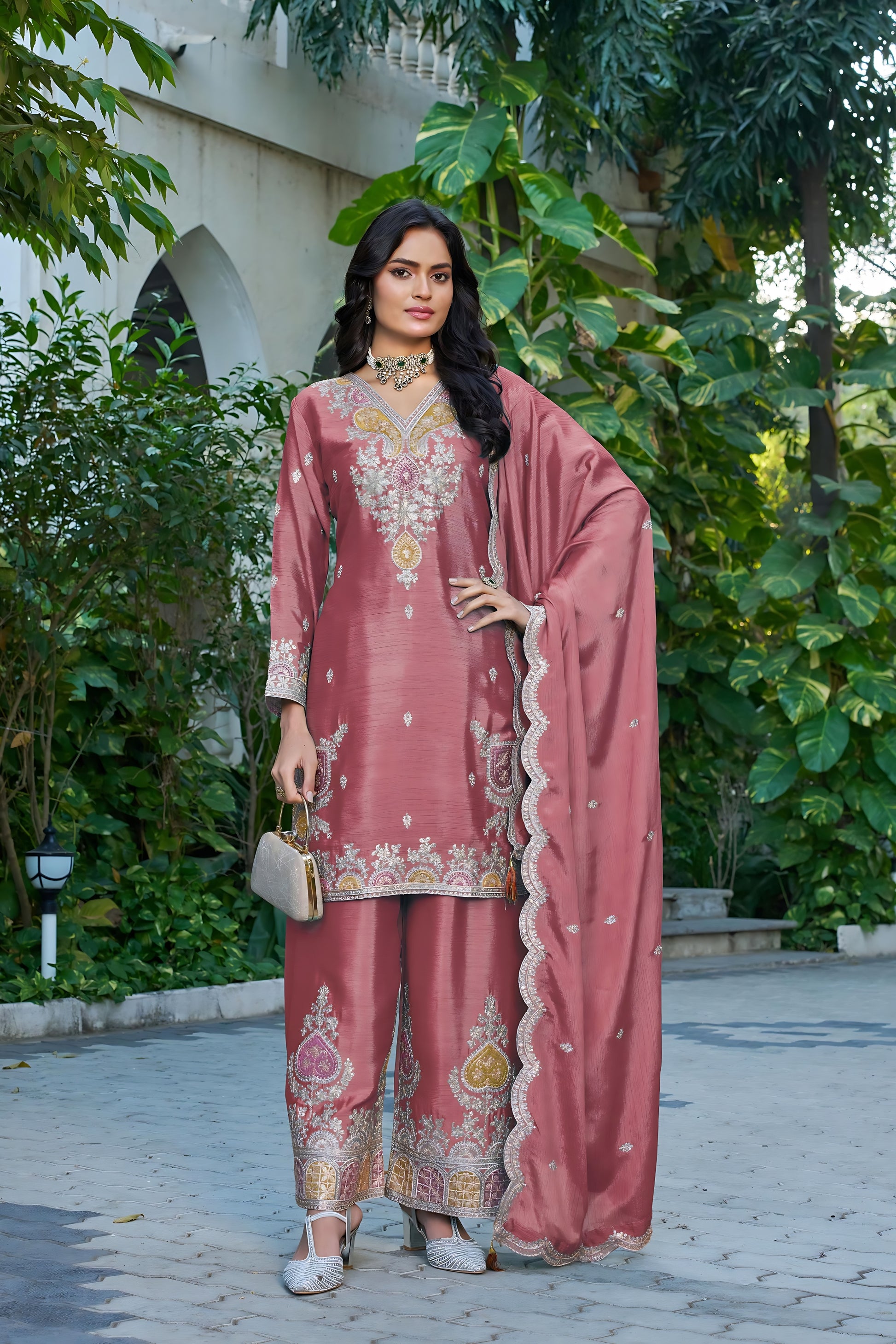 Beautiful Peach Readymade Chinon Palazzo Suit with Embroidery and Dupatta for Women