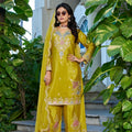 Stylish Yellow Readymade Chinon Palazzo Suit with Embroidery and Dupatta for Women