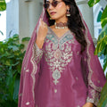 Lovely Pink Readymade Chinon Palazzo Suit with Embroidery and Dupatta for Women