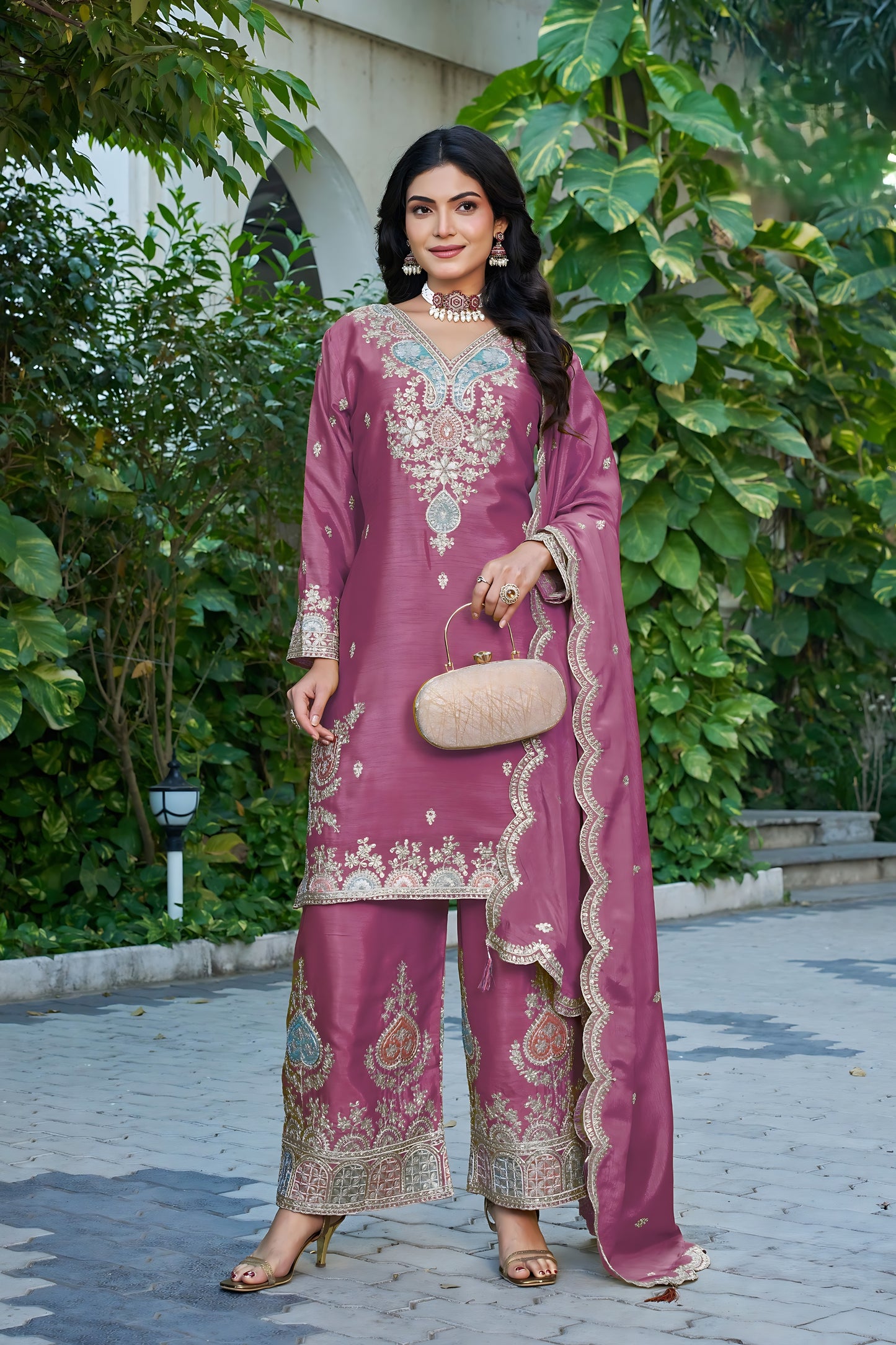 Lovely Pink Readymade Chinon Palazzo Suit with Embroidery and Dupatta for Women