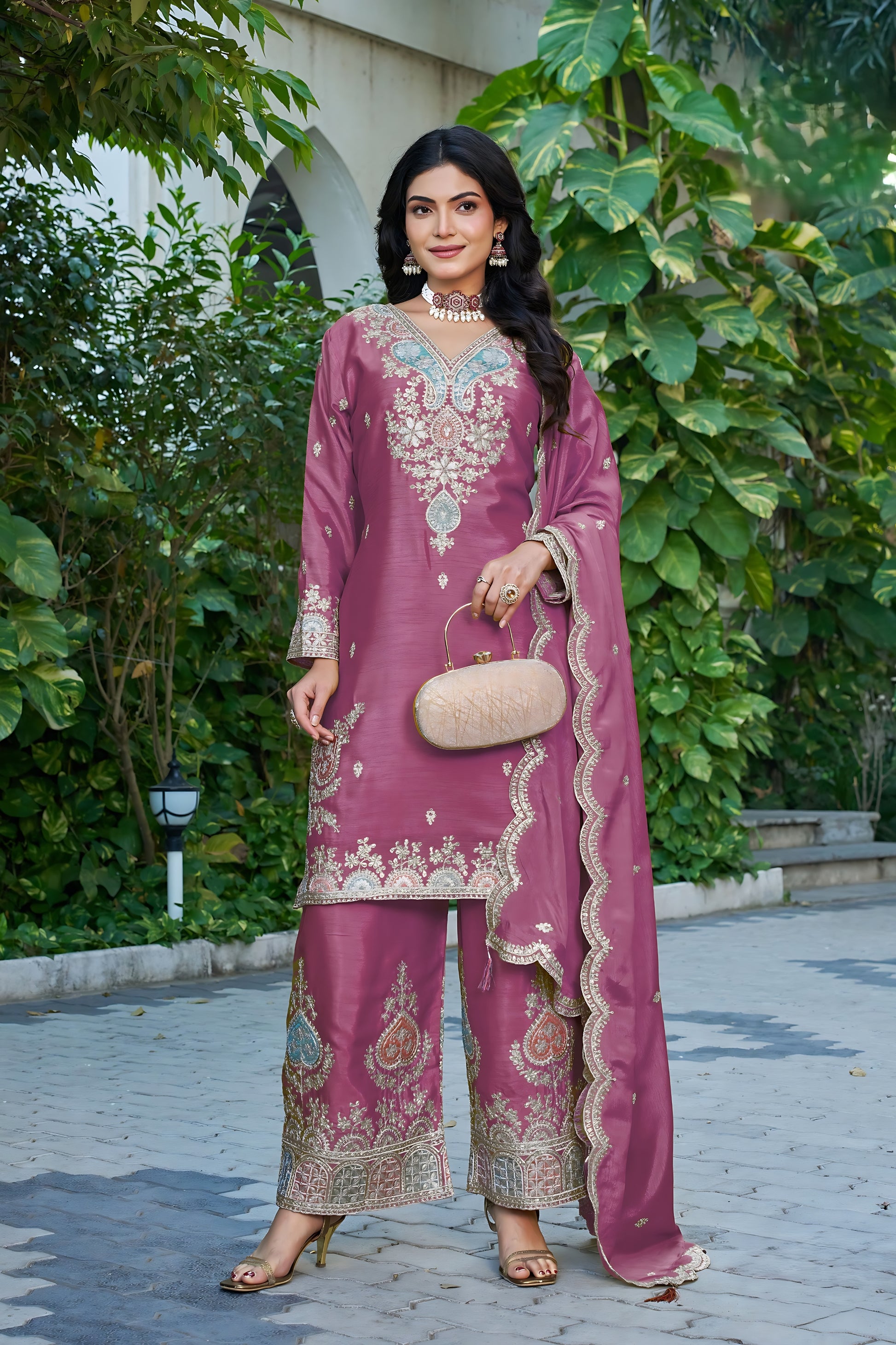 Lovely Pink Readymade Chinon Palazzo Suit with Embroidery and Dupatta for Women