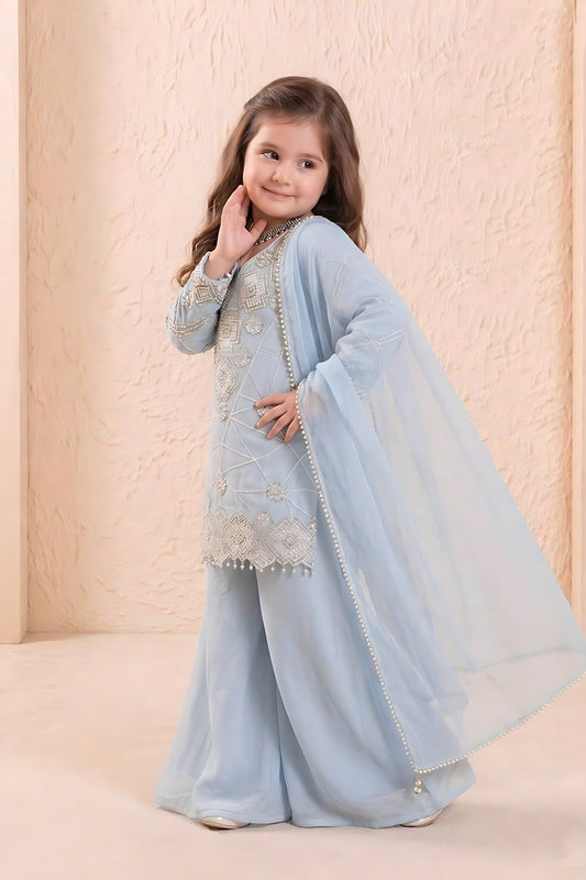 Elegant Sky Blue Embroidered Faux Georgette Girls Readymade Palazzo Suit with Dupatta