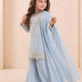 Elegant Sky Blue Embroidered Faux Georgette Girls Readymade Palazzo Suit with Dupatta
