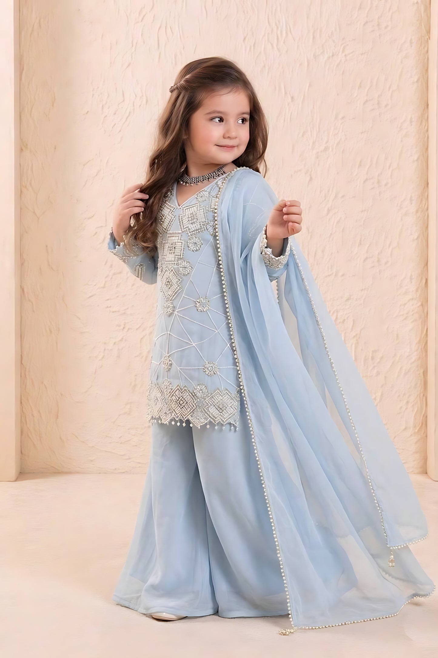 Elegant Sky Blue Embroidered Faux Georgette Girls Readymade Palazzo Suit with Dupatta