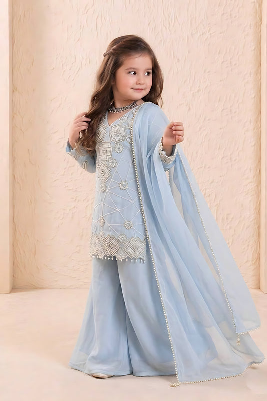 Elegant Sky Blue Embroidered Faux Georgette Girls Readymade Palazzo Suit with Dupatta