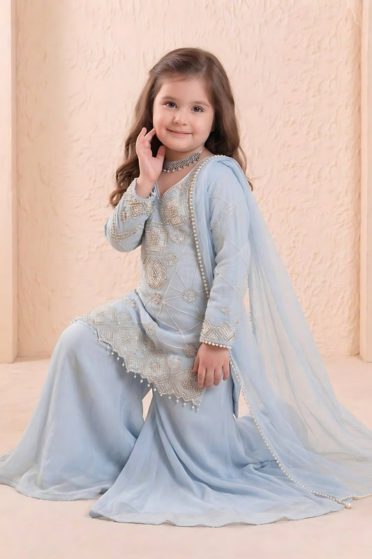 Elegant Sky Blue Embroidered Faux Georgette Girls Readymade Palazzo Suit with Dupatta