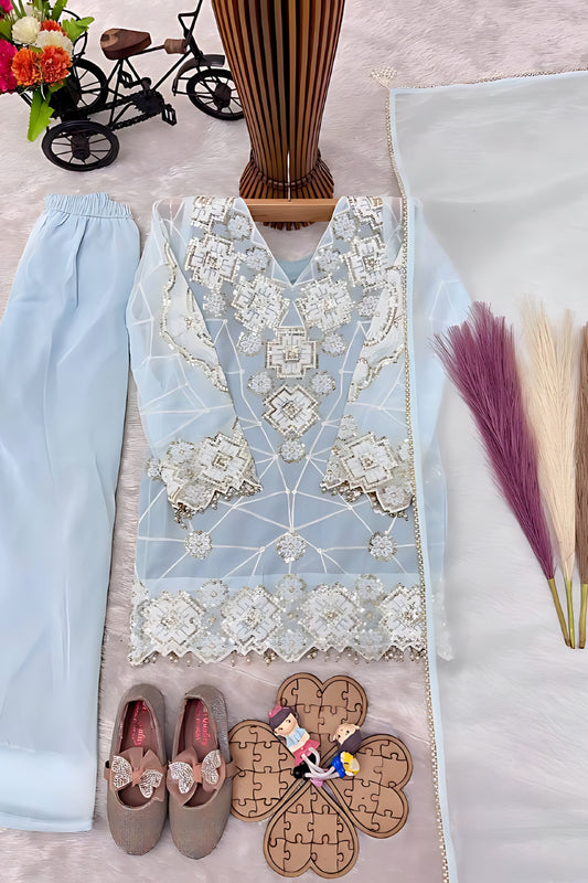 Elegant Sky Blue Embroidered Faux Georgette Girls Readymade Palazzo Suit with Dupatta
