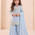 Elegant Sky Blue Embroidered Faux Georgette Girls Readymade Palazzo Suit with Dupatta