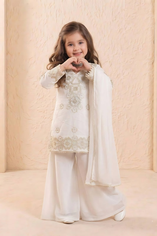 Amazing White Embroidered Faux Georgette Girls Readymade Palazzo Suit with Dupatta