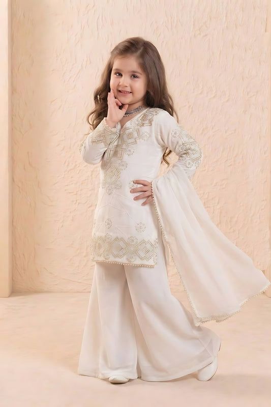 Amazing White Embroidered Faux Georgette Girls Readymade Palazzo Suit with Dupatta