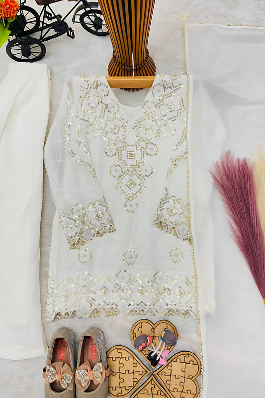 Amazing White Embroidered Faux Georgette Girls Readymade Palazzo Suit with Dupatta