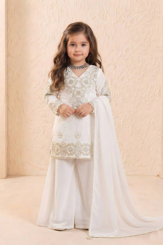Amazing White Embroidered Faux Georgette Girls Readymade Palazzo Suit with Dupatta