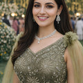 Elegant Olive Green Embroidered Net Designer Gown with Cape Sleeves for Women