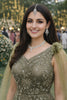 Elegant Olive Green Embroidered Net Designer Gown with Cape Sleeves for Women