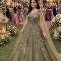 Elegant Olive Green Embroidered Net Designer Gown with Cape Sleeves for Women