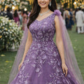 Stunning Purple Embroidered Net Designer Gown with Cape Sleeves for Women