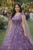 Stunning Purple Embroidered Net Designer Gown with Cape Sleeves for Women