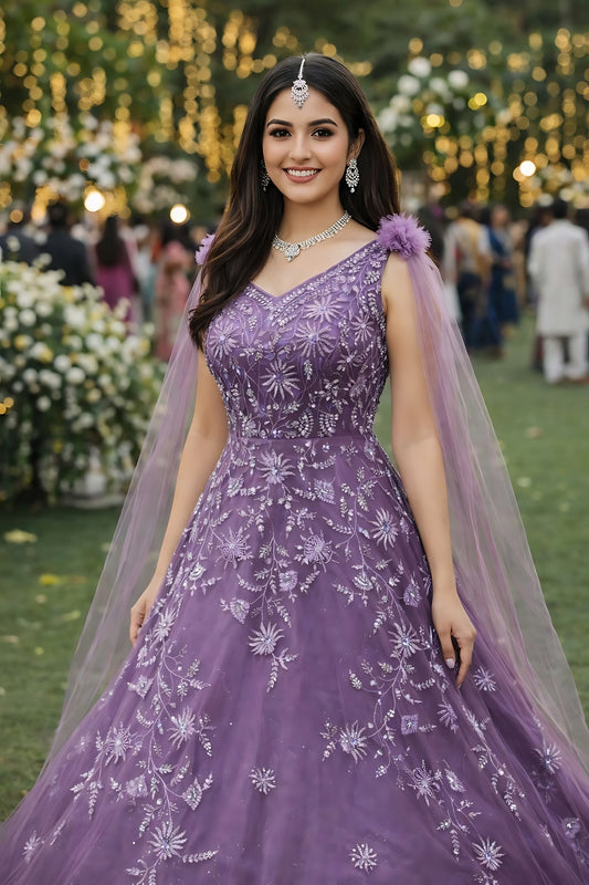 Stunning Purple Embroidered Net Designer Gown with Cape Sleeves for Women